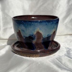 Handcrafted Ceramic Planter with Saucer - Blue and Purple